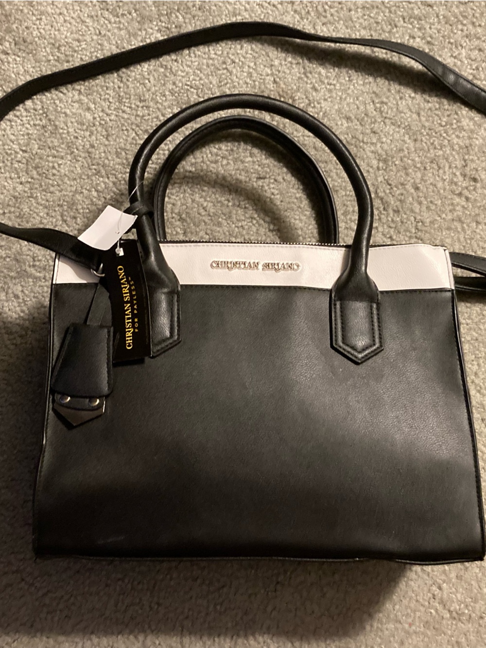 Black Leather Tote Bag with Striped Interior